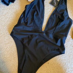 Black Low Cut One Piece Swimsuit